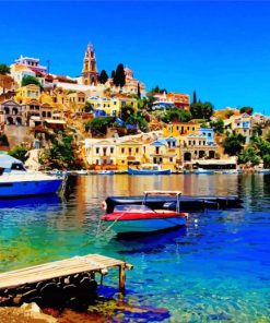 Boats In Halki Island Diamond Painting