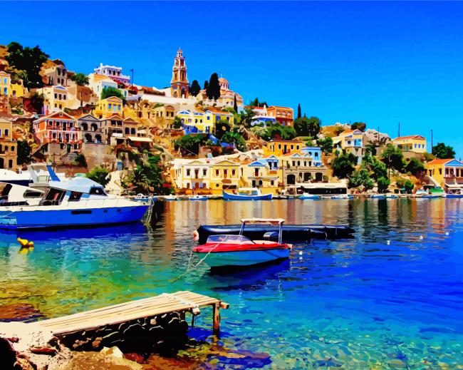 Boats In Halki Island Diamond Painting