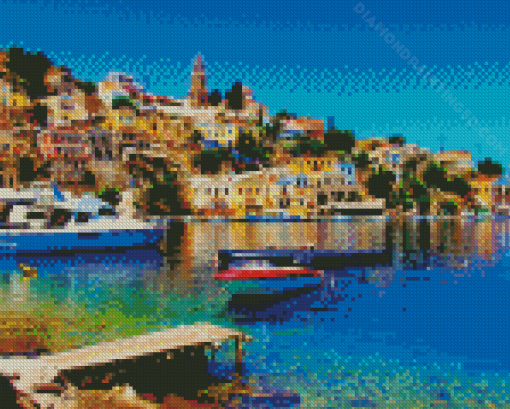 Boats In Halki Island Diamond Painting