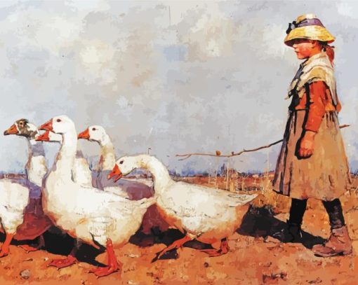 Little Farm Girl With Geese Art Diamond Painting