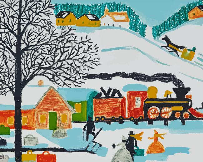 Winter Train Station Maud Lewis Diamond Painting