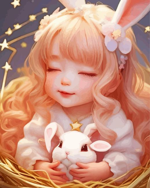 Adorable Girl And Bunny Diamond Painting