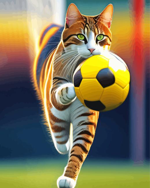 Cat Playing Football Sport Diamond Painting