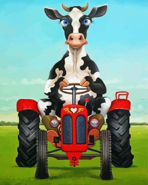 Cow Driving A Red Tractor Diamond Painting