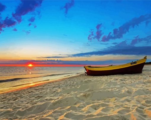 Beach With Row Boat At Sunset Diamond Painting