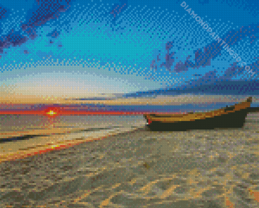 Beach With Row Boat At Sunset Diamond Painting