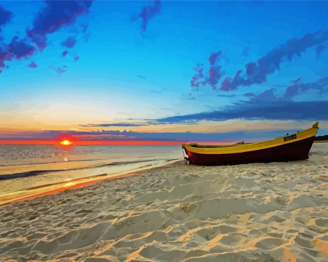 Beach With Row Boat At Sunset Diamond Painting