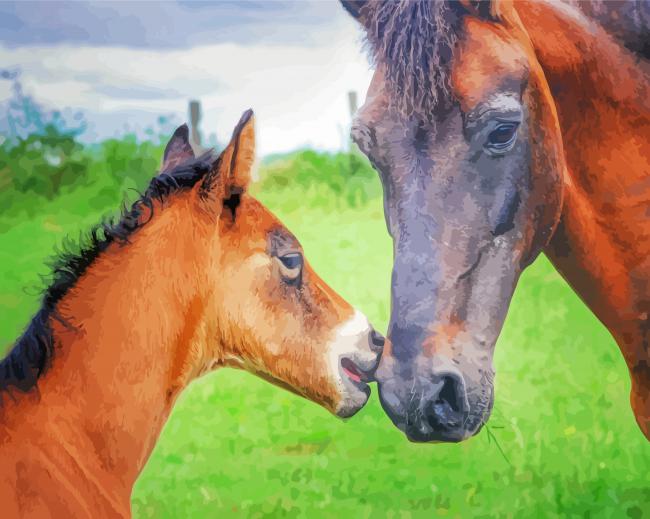 Brown Mare Horse And Foal Diamond Painting