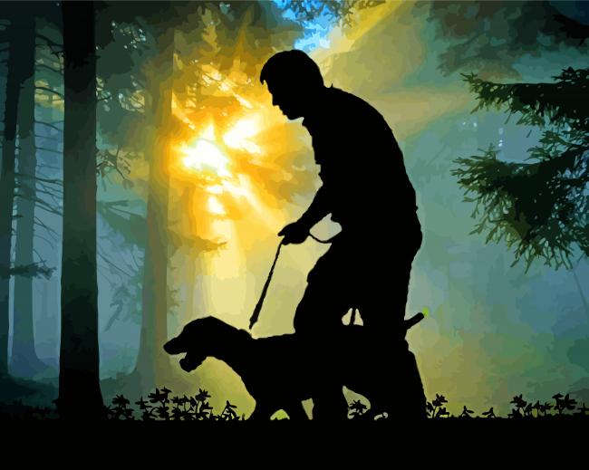 Man And Dog In Forest Diamond Painting