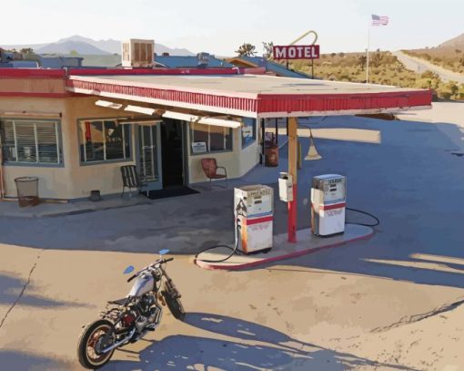 Motorcycle Old Gas Station Diamond Painting