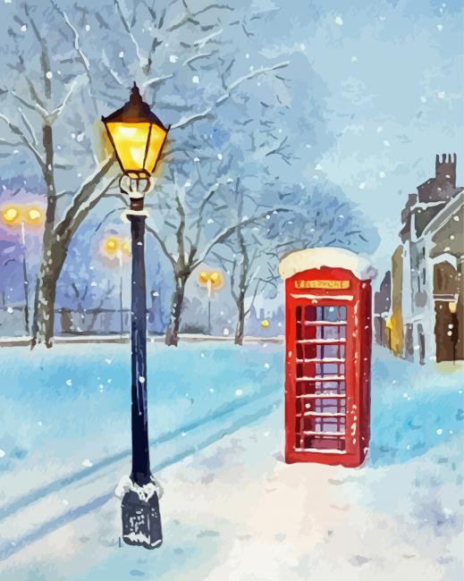 Red Phone Box In Snow Diamond Painting