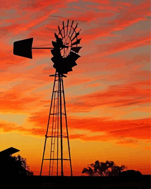 Sunset At Western Windmill Diamond Painting