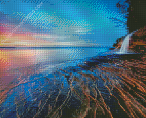 Waterfall Beach At Sunset Diamond Painting