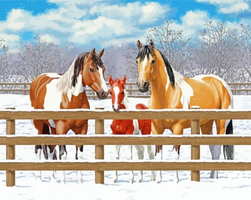 Winter Horses At Fence Diamond Painting