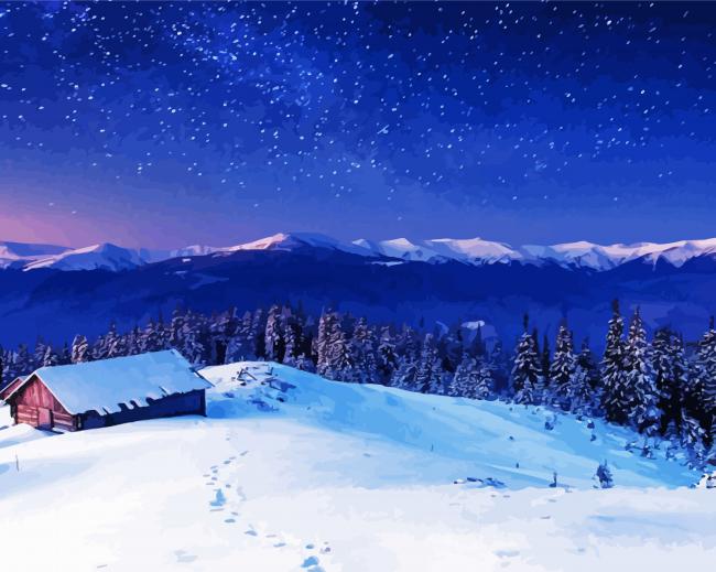 Winter Mountains Farm Scene Diamond Painting