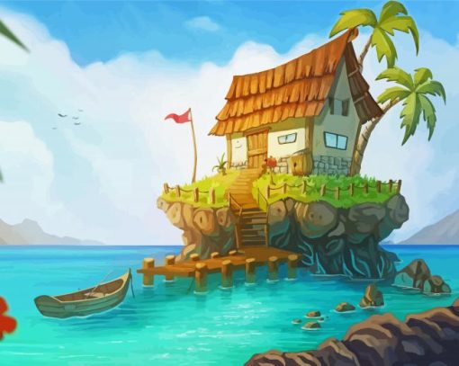 Beach House Boat Island Diamond Painting