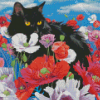 Black Cat And Flowers Diamond Painting