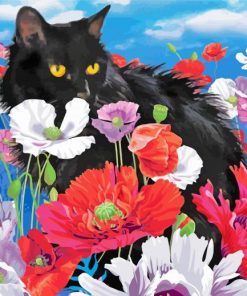 Black Cat And Flowers Diamond Painting