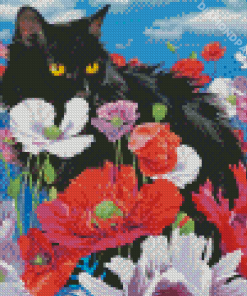 Black Cat And Flowers Diamond Painting