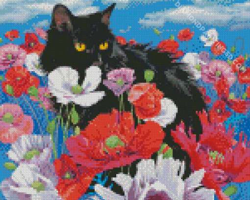 Black Cat And Flowers Diamond Painting