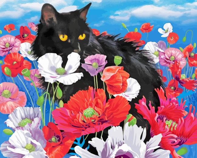 Black Cat And Flowers Diamond Painting