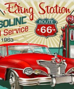 Car On Road 66 Vintage Poster Diamond Painting