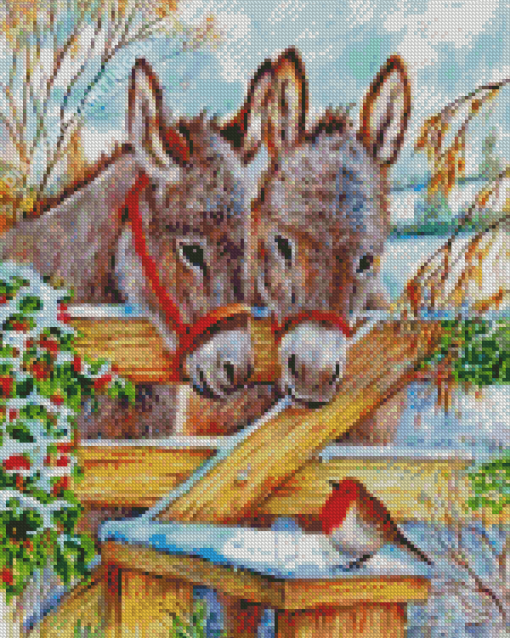 Donkeys And Cardinal Bird Diamond Painting