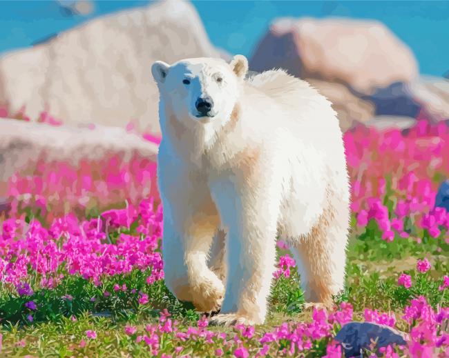 Polar Bear In Flowers Field Diamond Painting