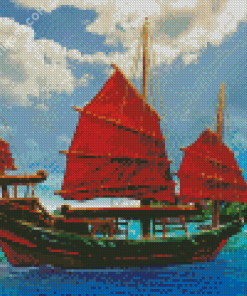 Red Junk Boat Diamond Painting