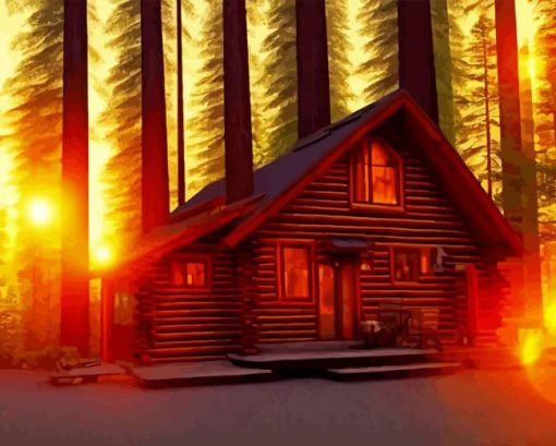 Log Cabin Sunset Diamond Painting