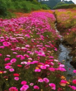 Pink Flower By River Diamond Painting