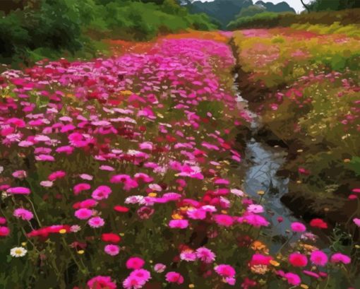 Pink Flower By River Diamond Painting